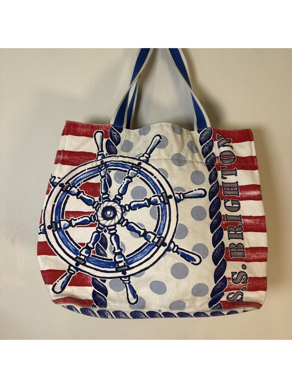 Brighton Sail Away Large Canvas Tote Bag S.S. Brighton Navy Natural 15x13x8 EUC